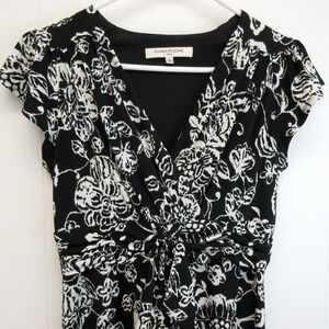 Evan Picone Dress Size 8 Black White Floral Jersey Knot Front Cap Sleeve Classic